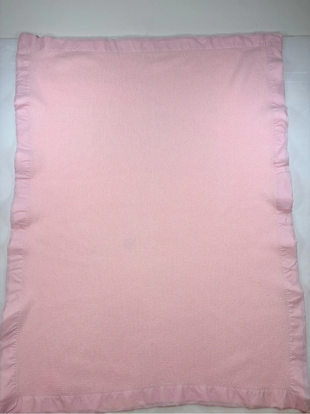 Vintage Pink Waffle Weave Baby Blanket Satin Trim 35x46 Security Crib Nursery